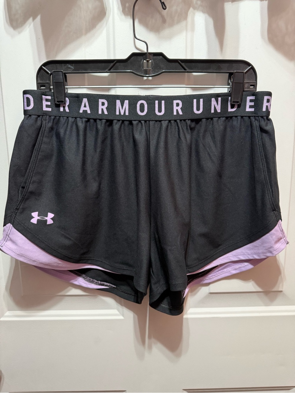 Under Armour Women's Black Shorts with Lilac Trim Size L